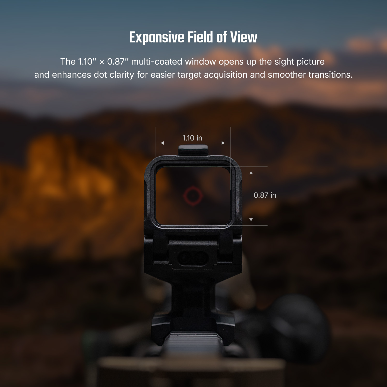 Red dot sight showing 1.10 by 0.87 inch window dimensions and wide field of view for quick target acquisition.