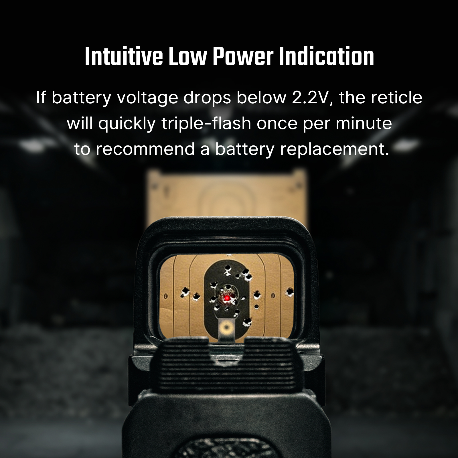 Pistol red dot sight aiming at a target, showing a low battery indicator for replacement