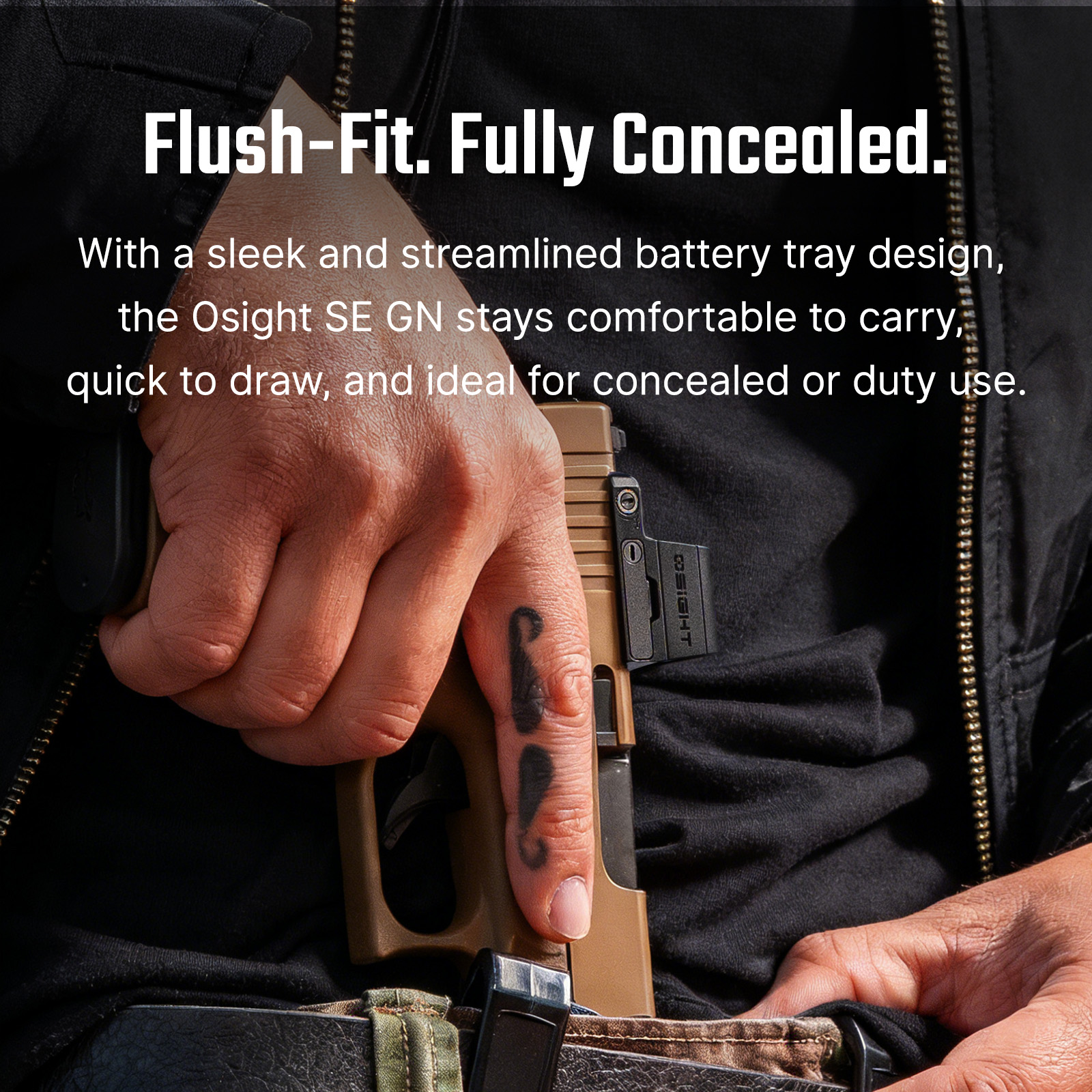 Hand drawing a flush-fit, concealed Olight SE GN firearm from waistband holster for quick, comfortable carry.