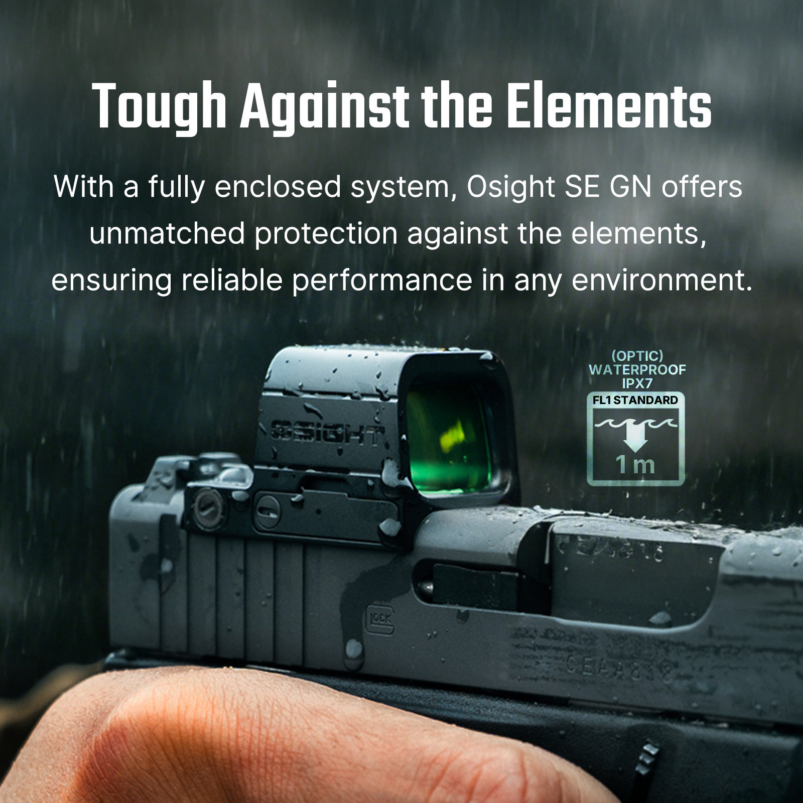 Olight Osight SE GN optic on a Glock pistol in the rain, highlighting its IPX7 waterproof rating for outdoor use.