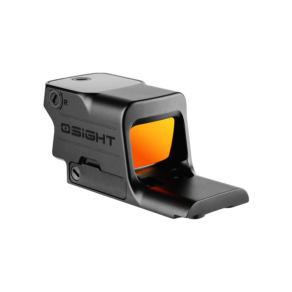 Olight Osight black reflex red dot sight with an orange tinted optic lens isolated on a white background.