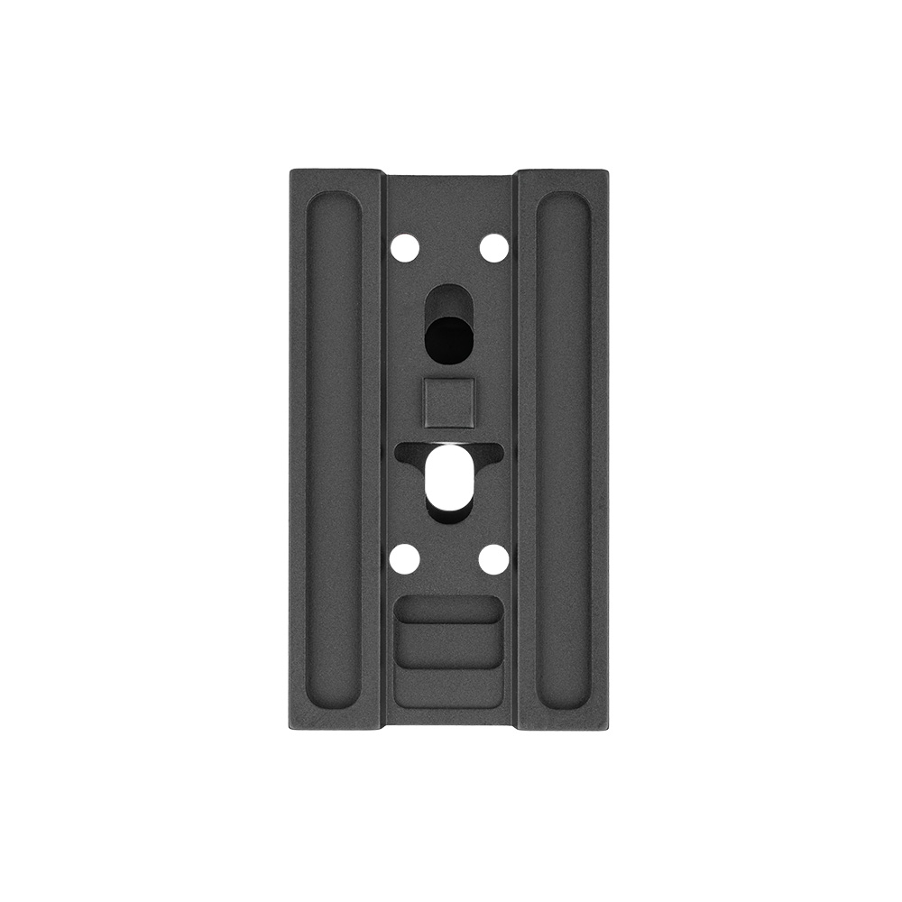Black metal camera mounting plate top view isolated on white background