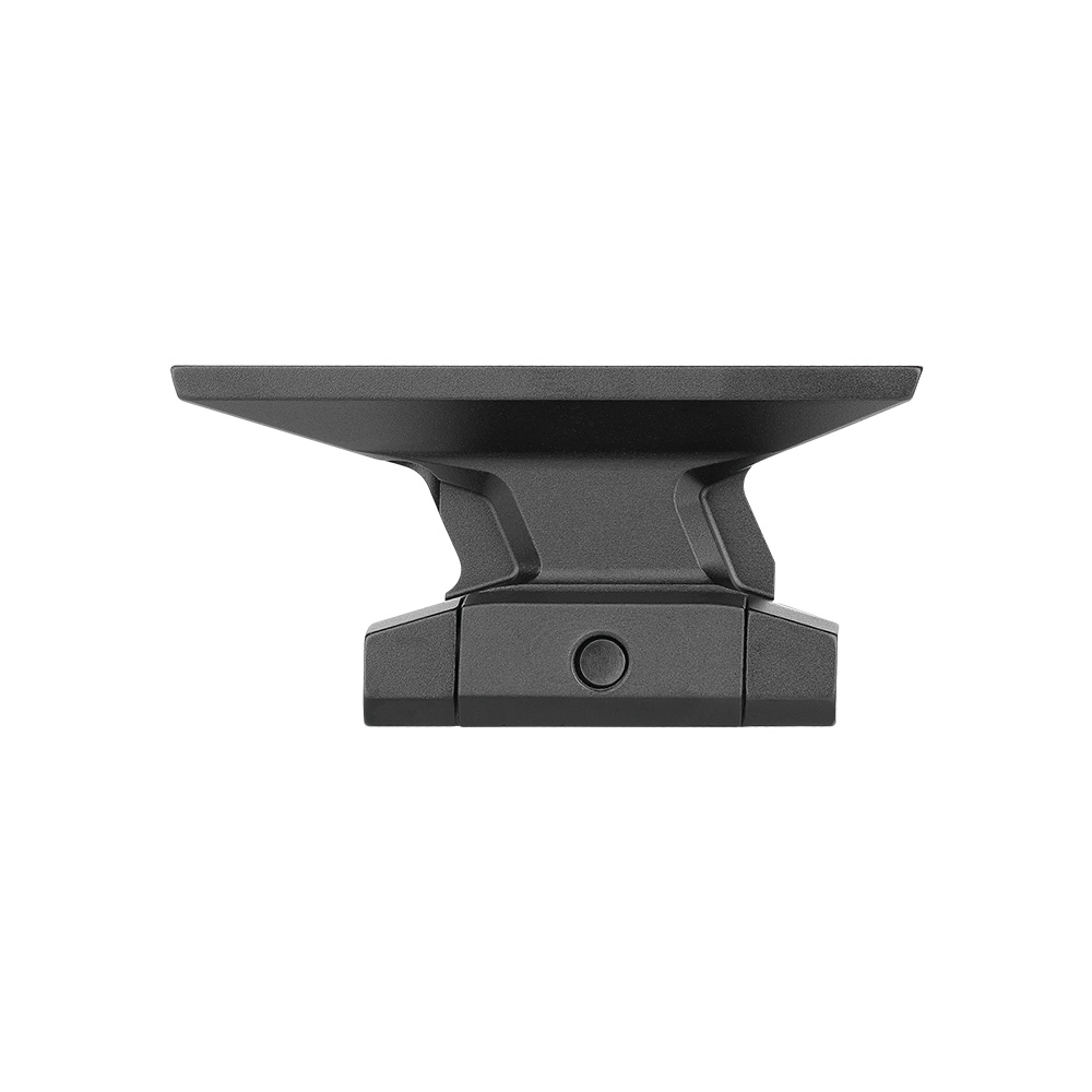 Side view of a matte black tactical optic riser mount on a plain white background