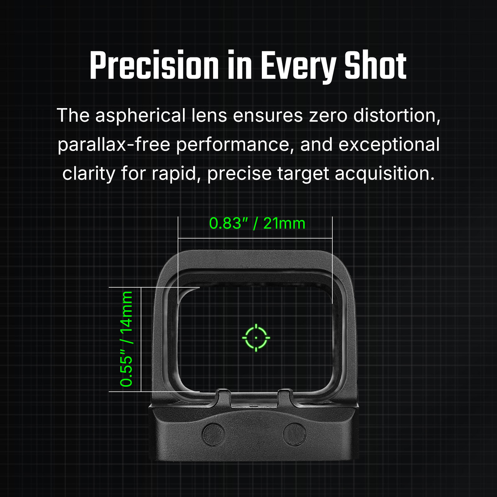 Red dot sight with 0.83" (21mm) width and 0.55" (14mm) height, featuring an aspherical lens for clear target acquisition.