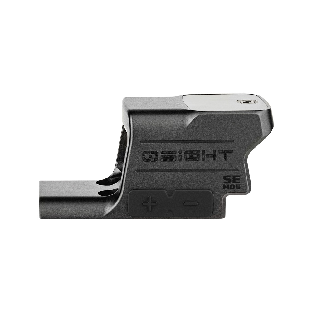 Olight Osight red dot sight side view showing SE MOS engraving and control buttons on a white background