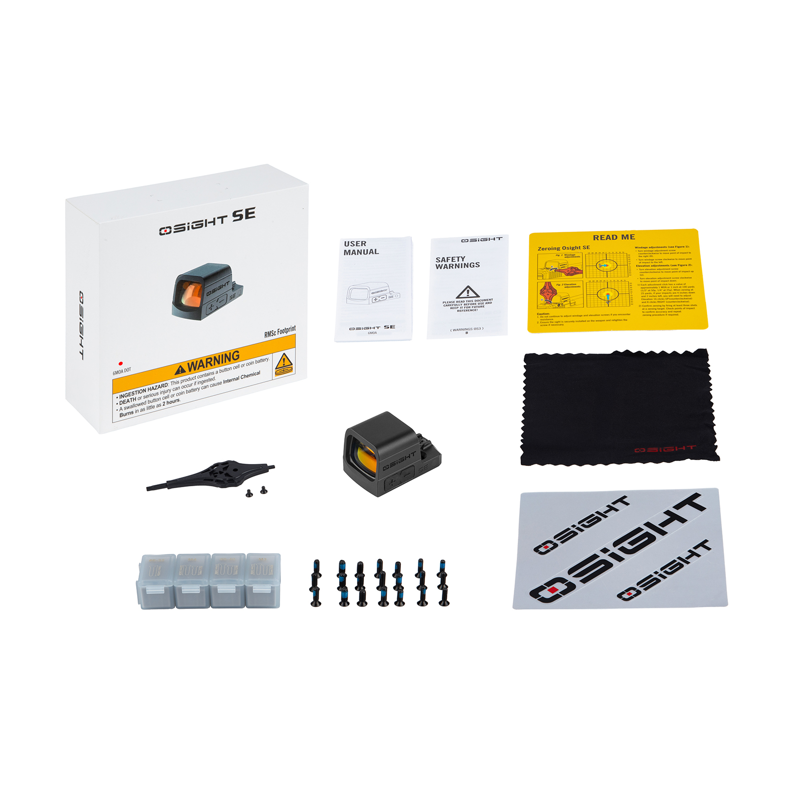 OSIGHT SE red dot sight kit, including the sight, manual, safety warnings, read me guide, cleaning cloth, stickers, screwdrivers, batteries, and other accessories.
