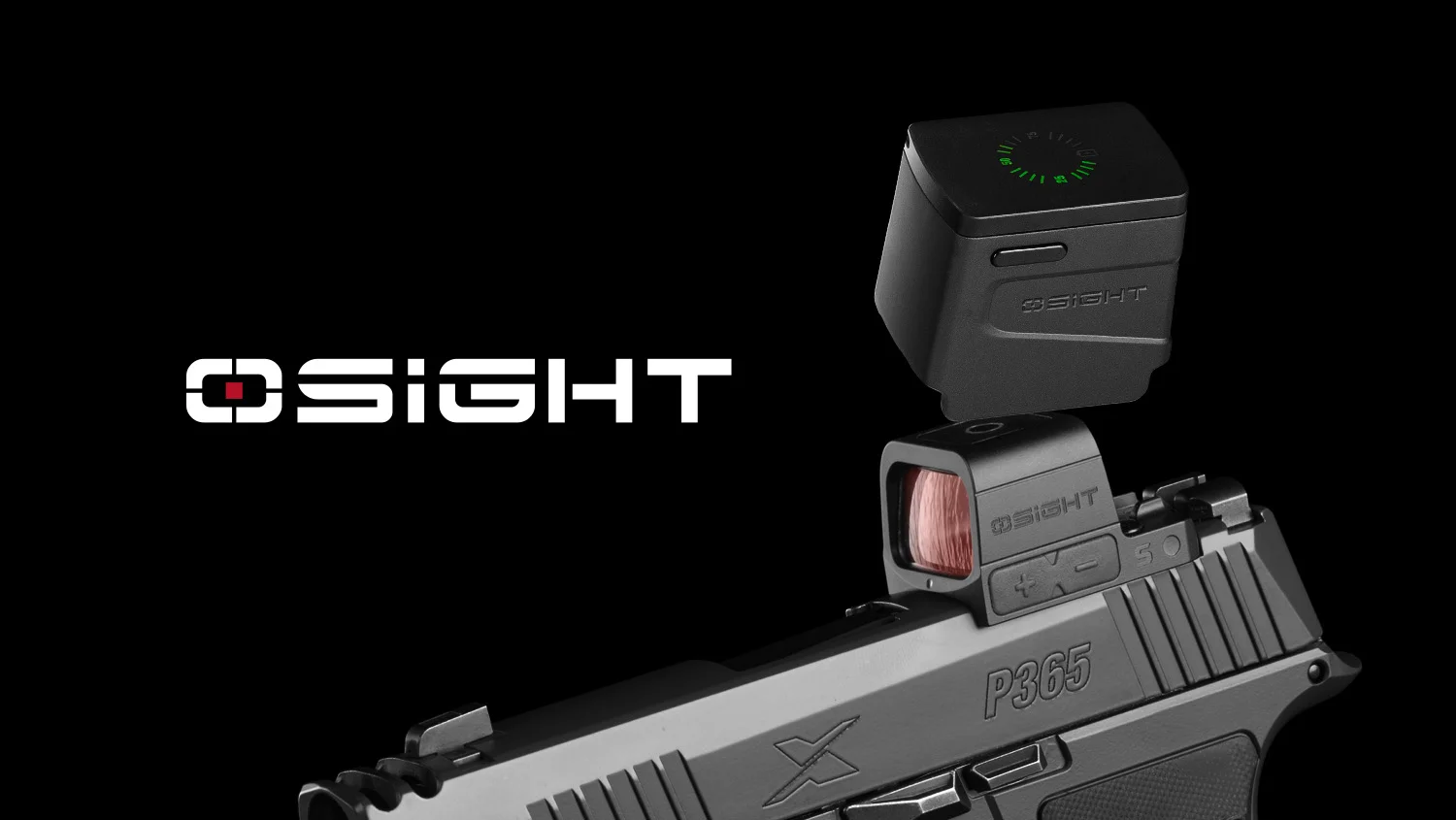 Pistol with OSIGHT branding, featuring an advanced optical sight accessory on top, set against a black background.