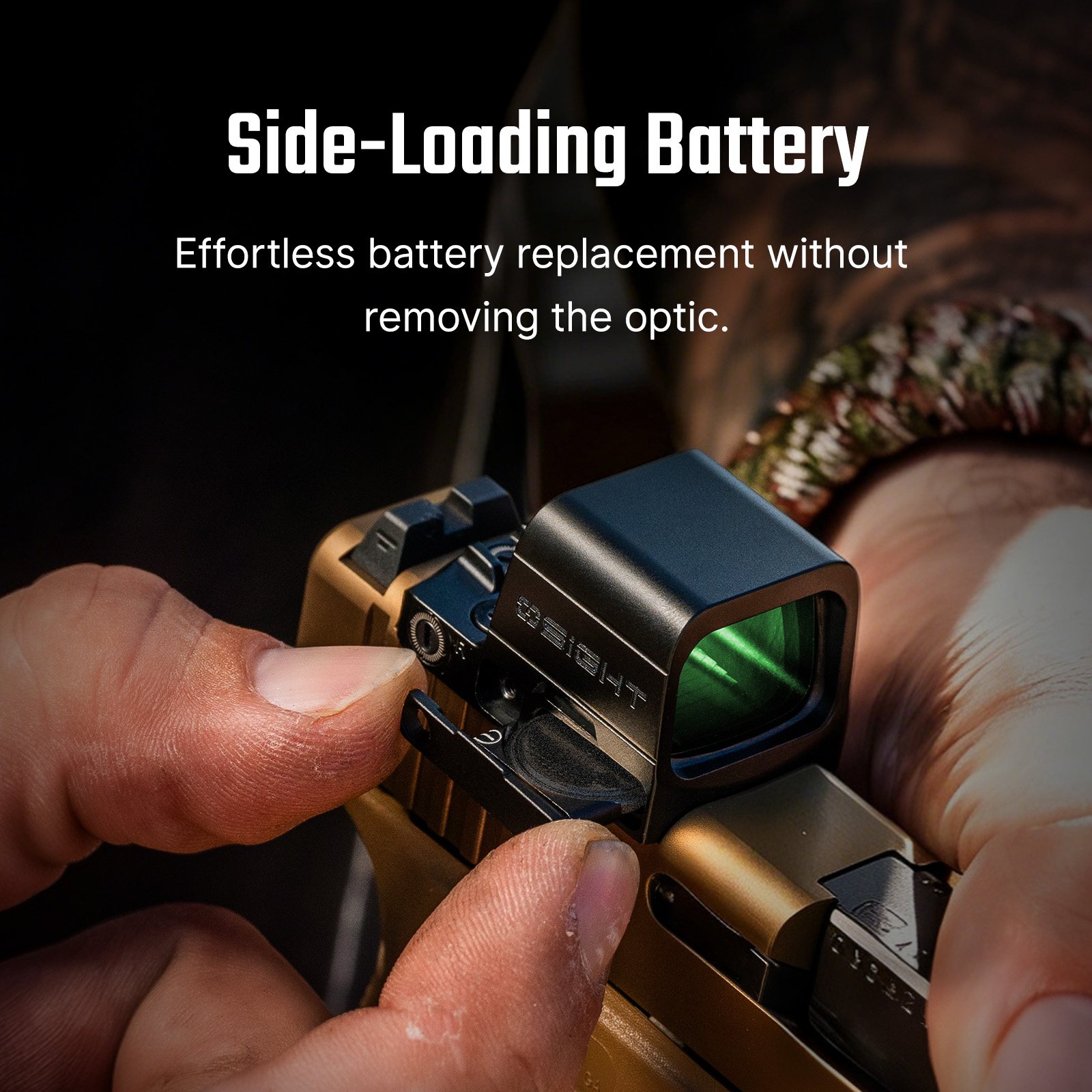 Side-loading battery being replaced on a pistol red dot sight, enabling easy battery swap without optic removal.