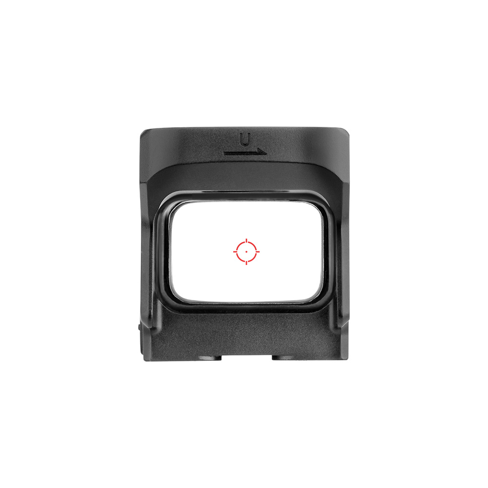Tactical red dot sight with circle dot reticle on white background