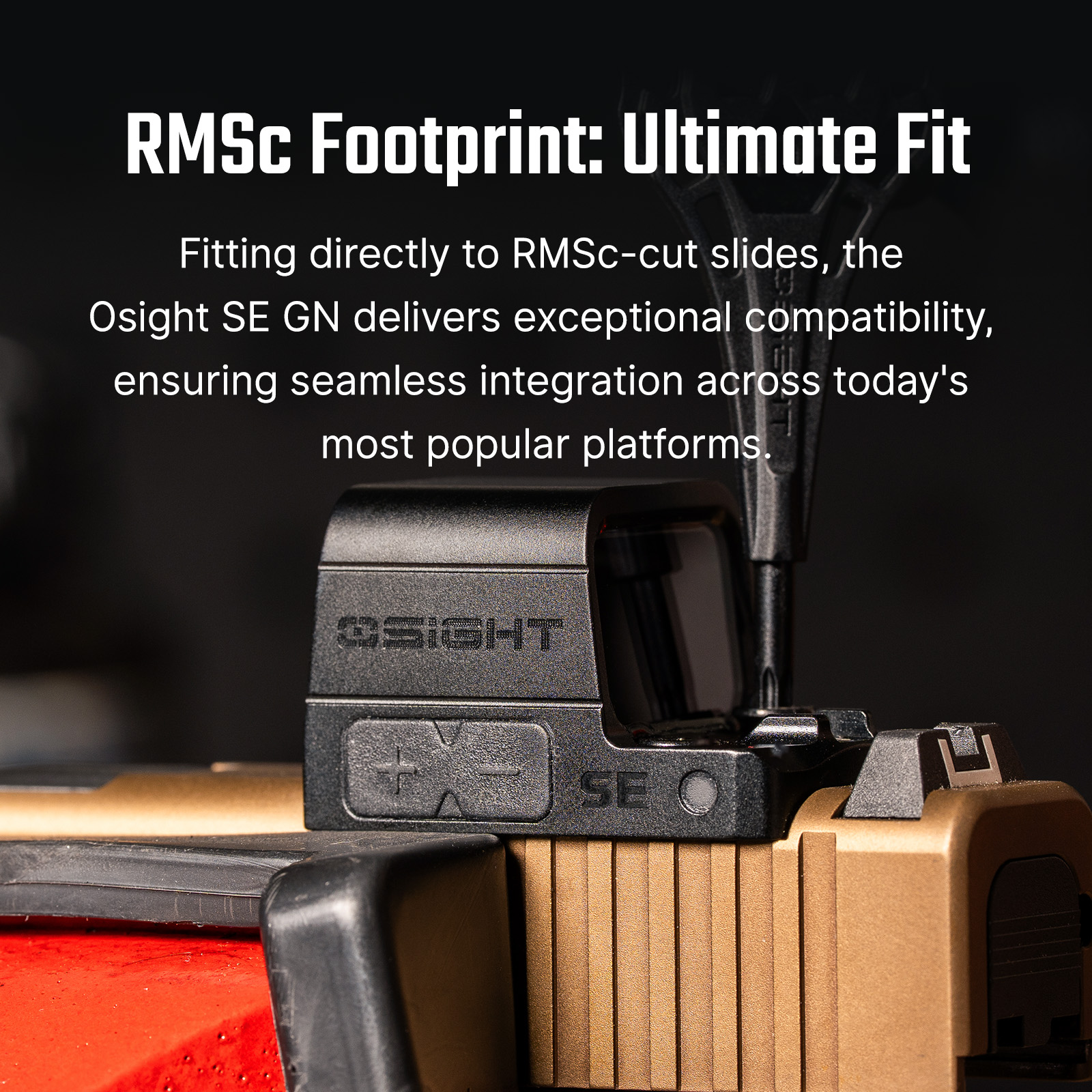 Osight SE GN red dot sight on a pistol slide, showcasing RMSc footprint compatibility and seamless integration.