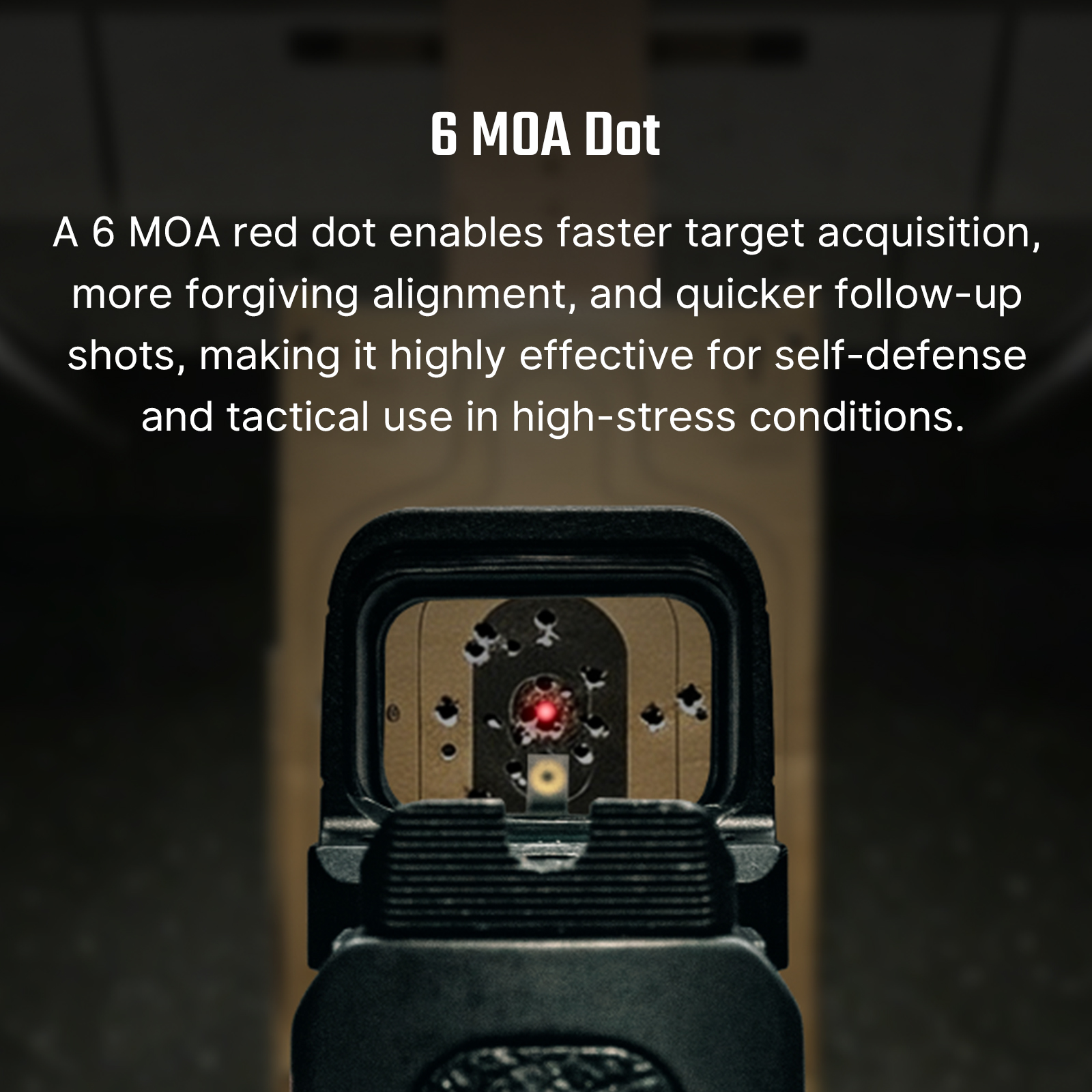 6 MOA red dot sight with target, showing bullet holes and a glowing red dot for tactical use.