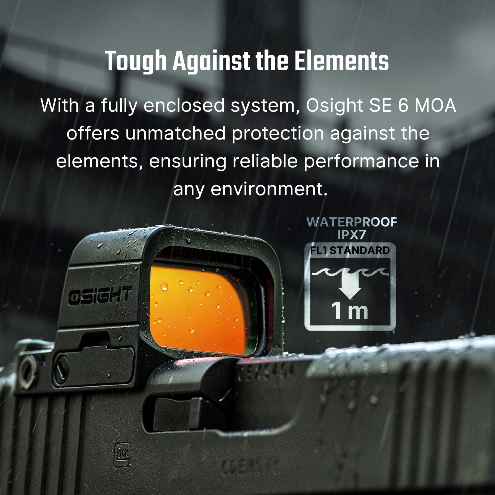 Osight SE 6 MOA red dot sight, IPX7 waterproof, on a firearm in the rain, demonstrating elemental protection