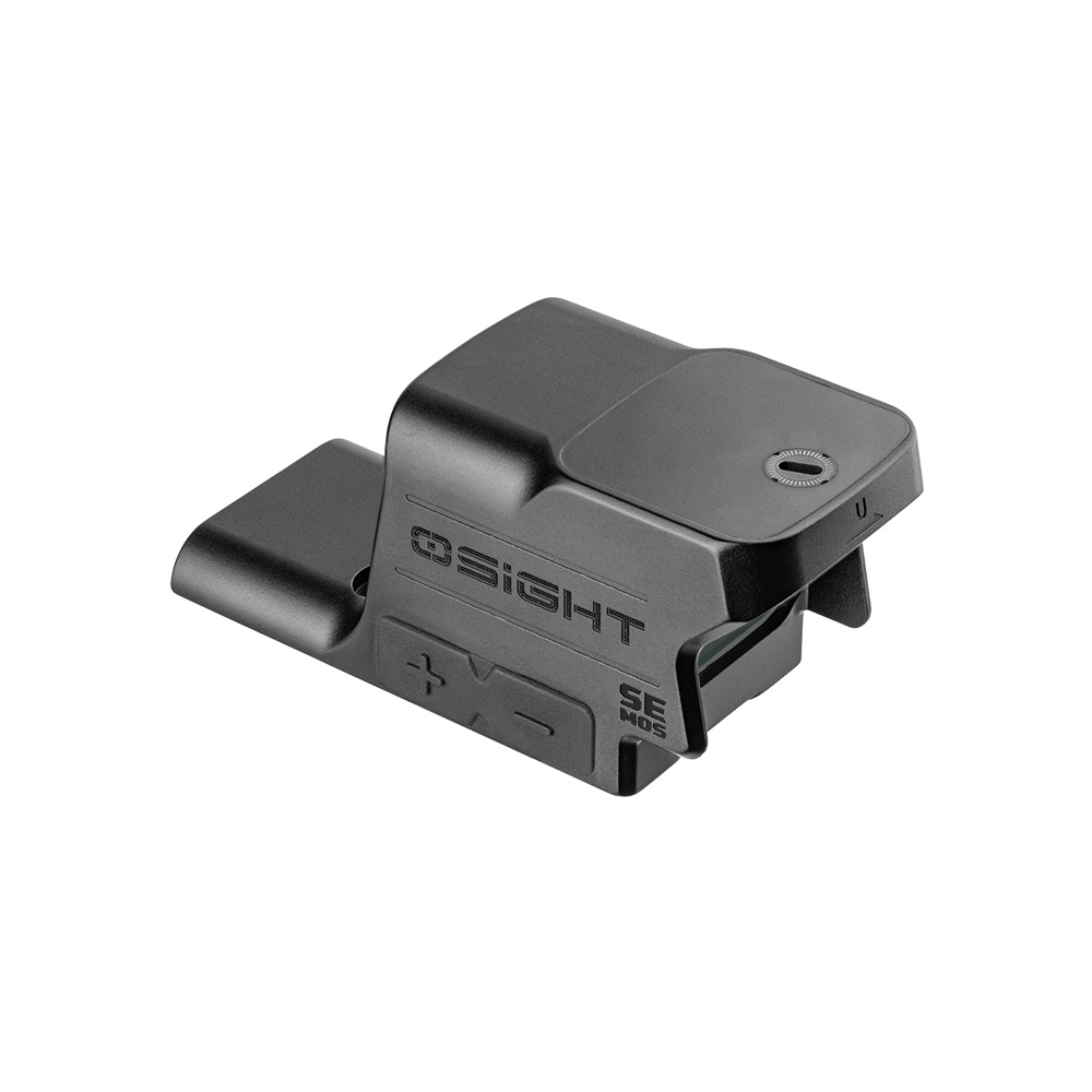 Olight Osight black reflex red dot sight with charging cover and brightness adjustment buttons isolated on white background