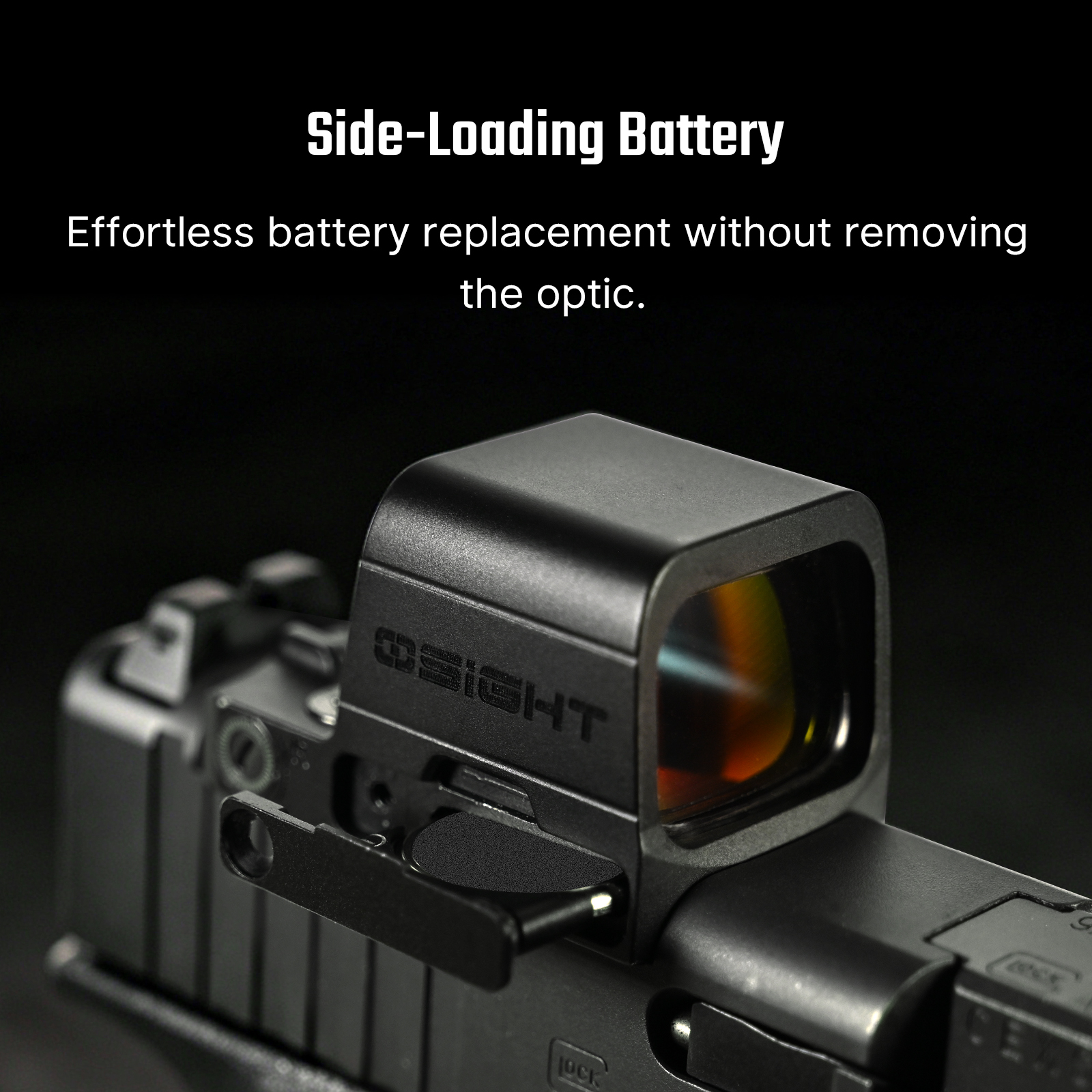 OSIGHT red dot sight with side-loading battery for easy replacement, mounted on a pistol.