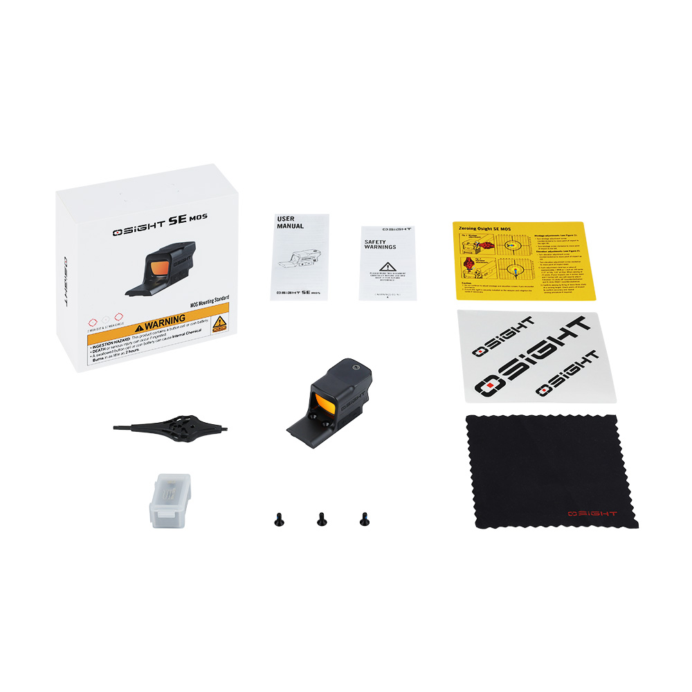 Olight Osight SE MOS red dot sight with packaging, user manual, mounting screws, cleaning cloth, and accessories.