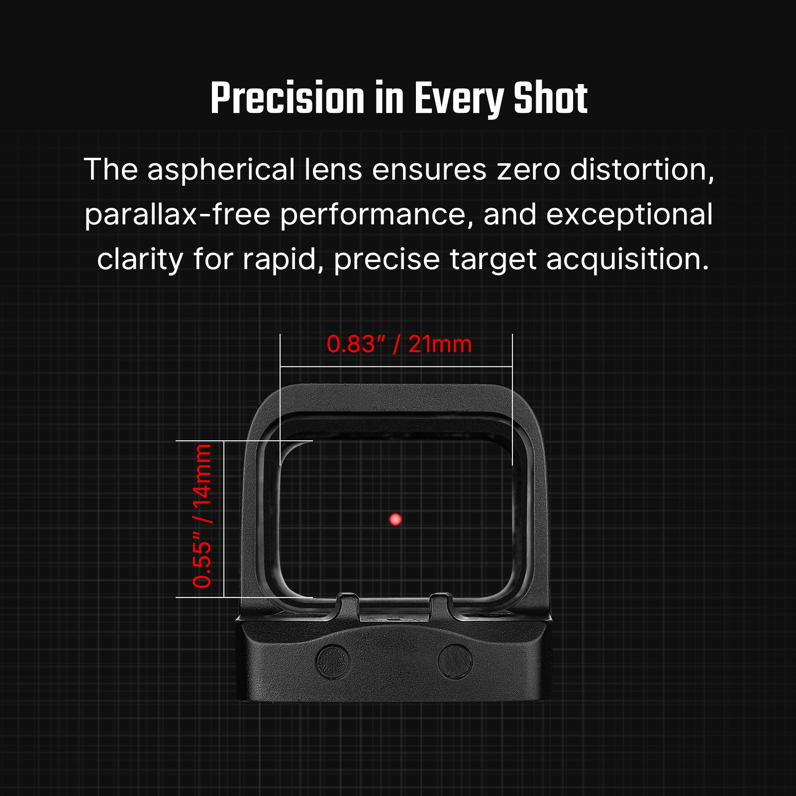 Red dot sight with aspherical lens for distortion-free, parallax-free, and clear target acquisition, showing 0.83"/21mm and 0.55"/14mm dimensions.