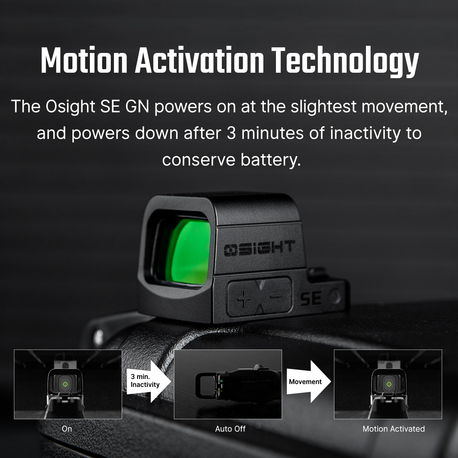 Osight SE GN red dot sight with motion activation technology, powering on/off for battery conservation.