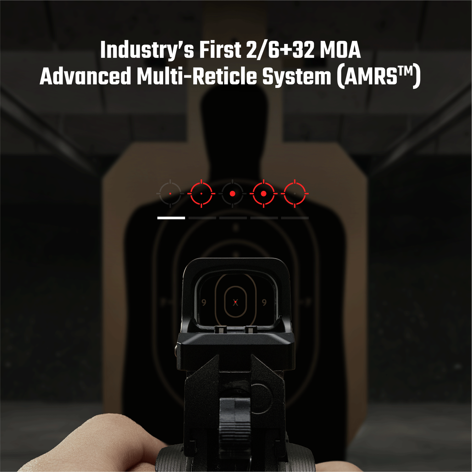 Osight Black XE Advanced Multi-Reticle System on a firearm, aimed at a target for precision shooting.