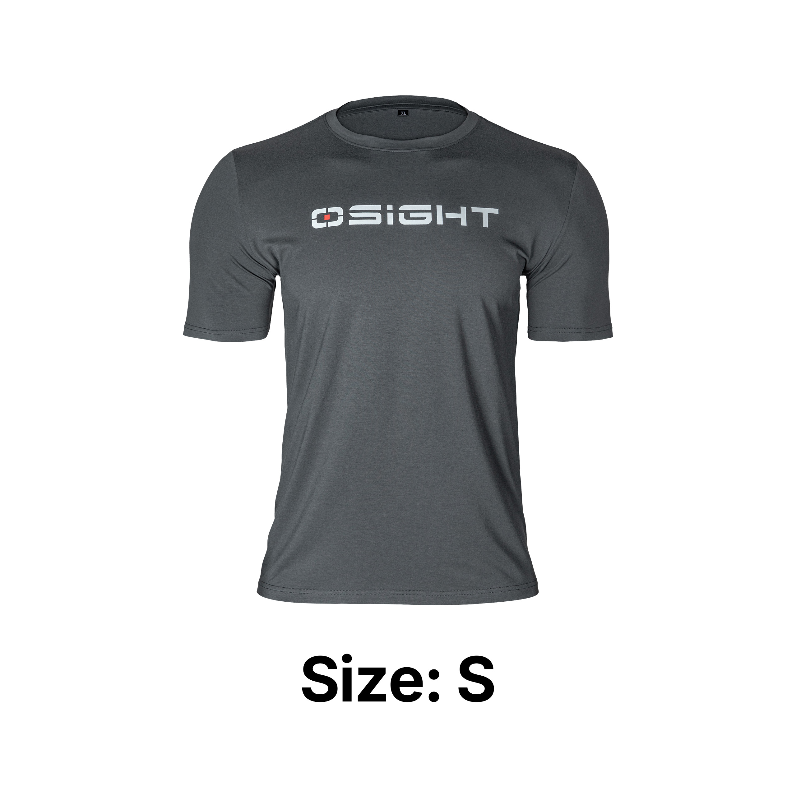 Gray short-sleeve t-shirt with a white "OSIGHT" logo on the chest, size S.