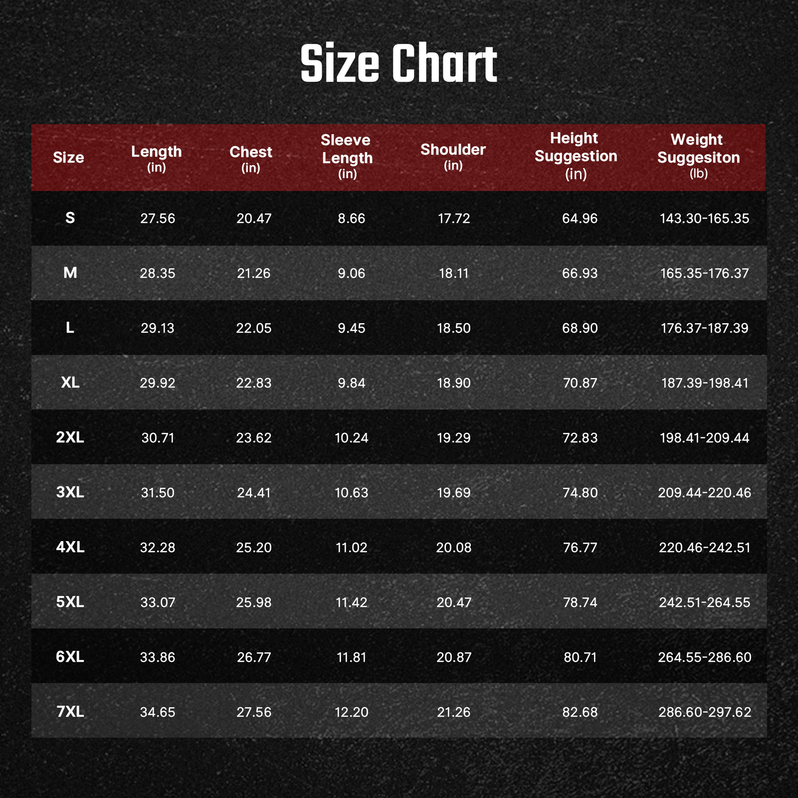 Apparel size chart showing measurements (length, chest, sleeve, shoulder) in inches and suggested height/weight for sizes S-7XL.