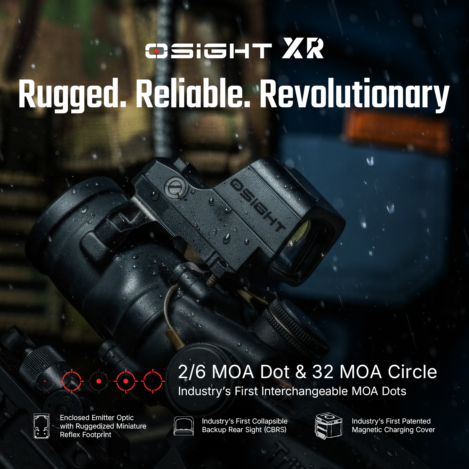 OSIGHT XR rugged, reliable, revolutionary optic with 2/6 MOA Dot & 32 MOA Circle and interchangeable MOA dots.