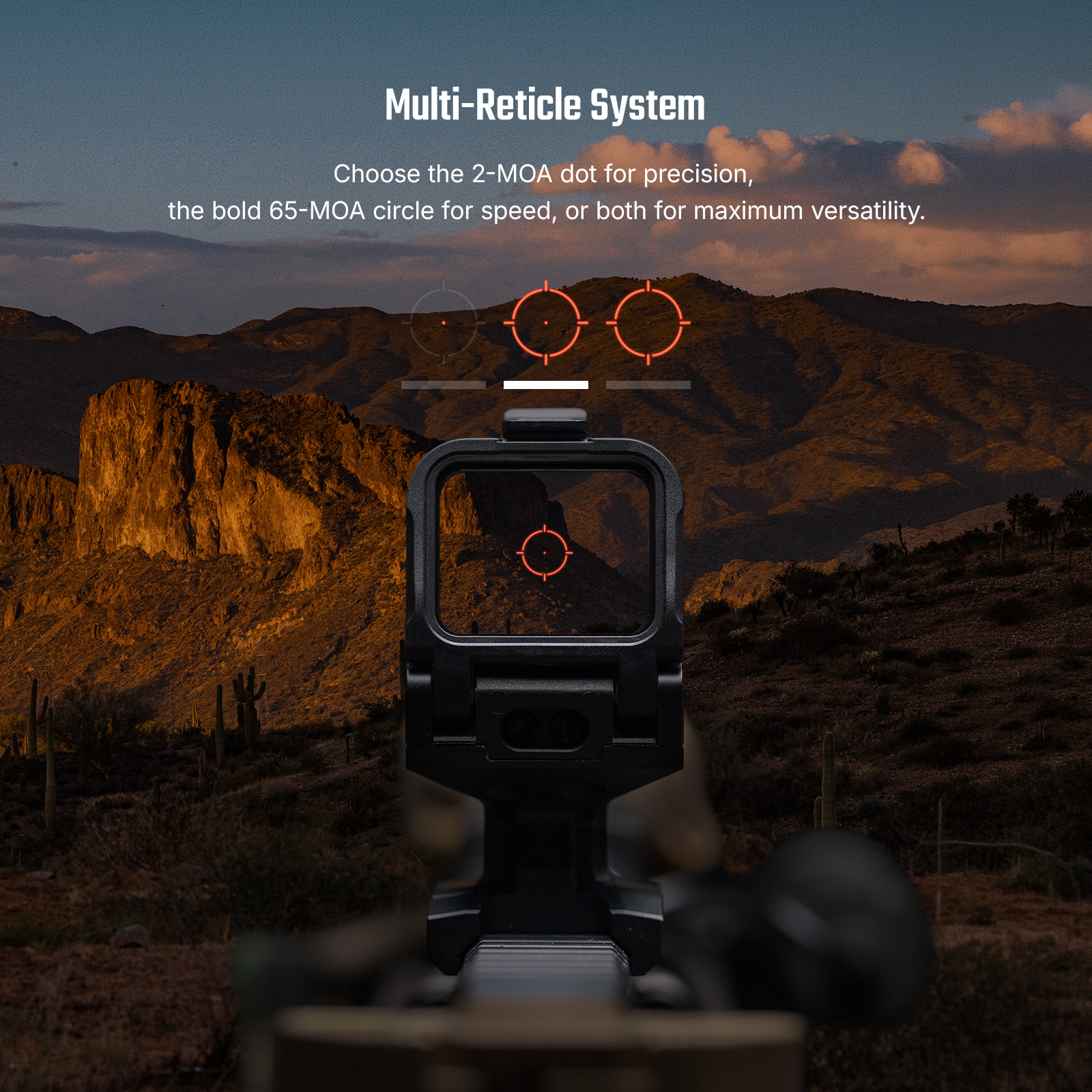 Red dot sight with multi-reticle system showing 2-MOA dot and 65-MOA circle options over mountain landscape