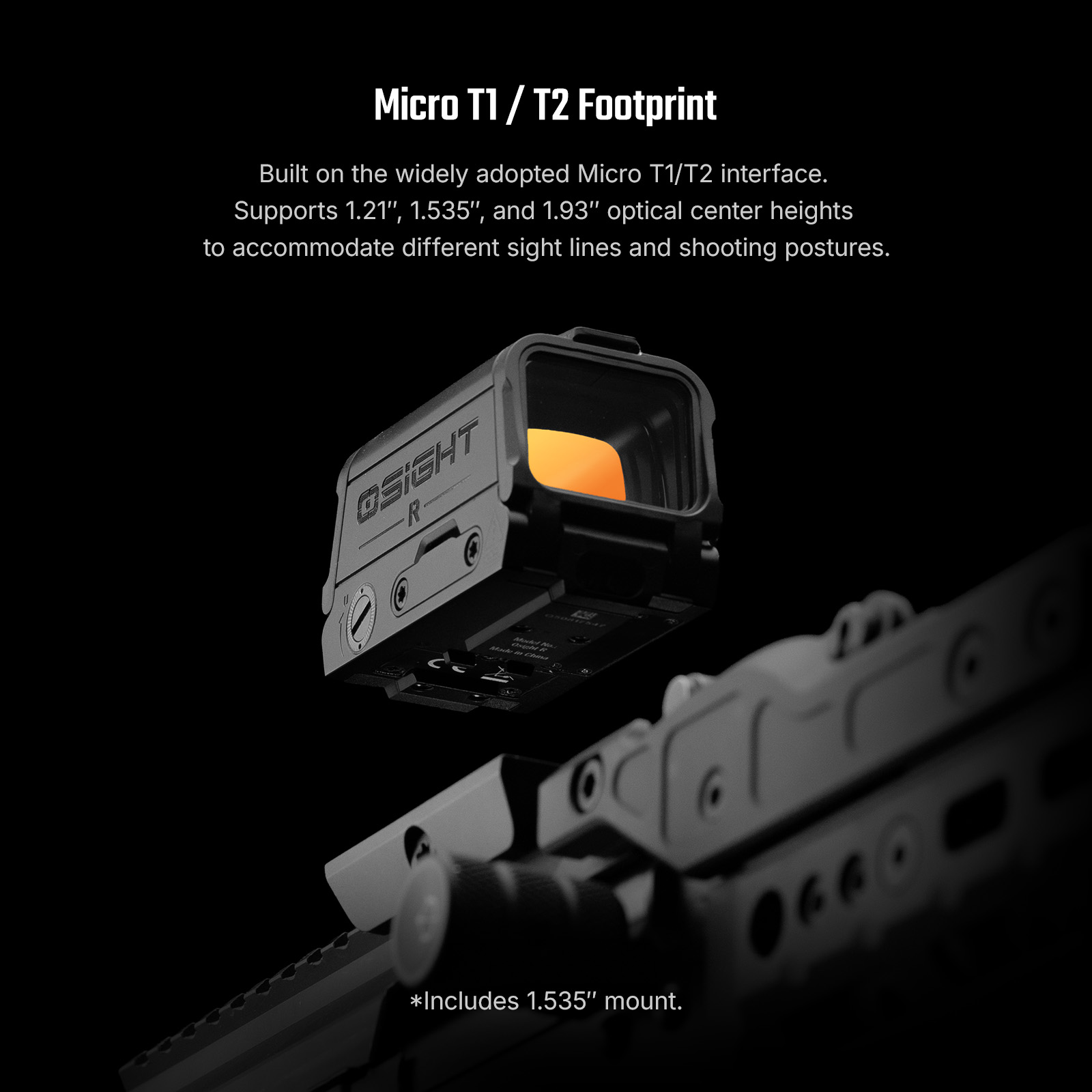 Olight Osight R red dot sight showing Micro T1 T2 footprint compatibility with mounts on rifle rail
