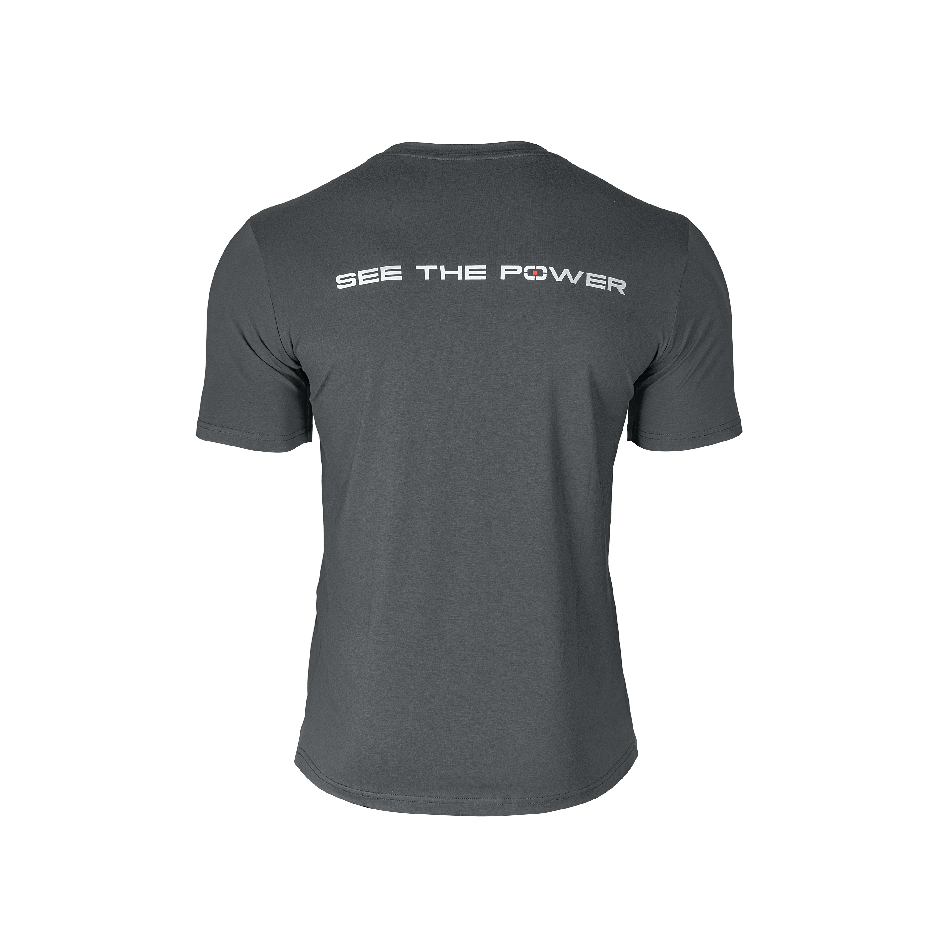 Gray "SEE THE POWER" t-shirt, back view.