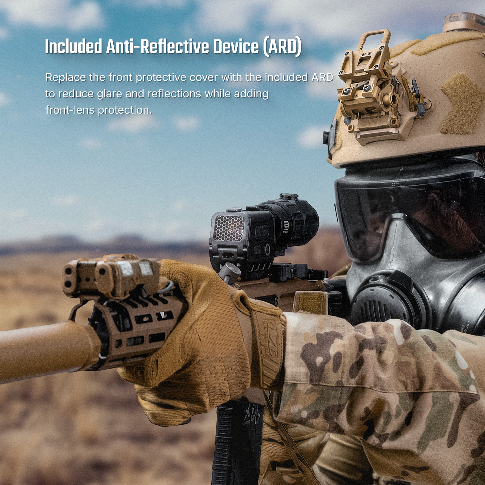 Soldier aiming rifle with anti-reflective device on optic lens to reduce glare and reflection.