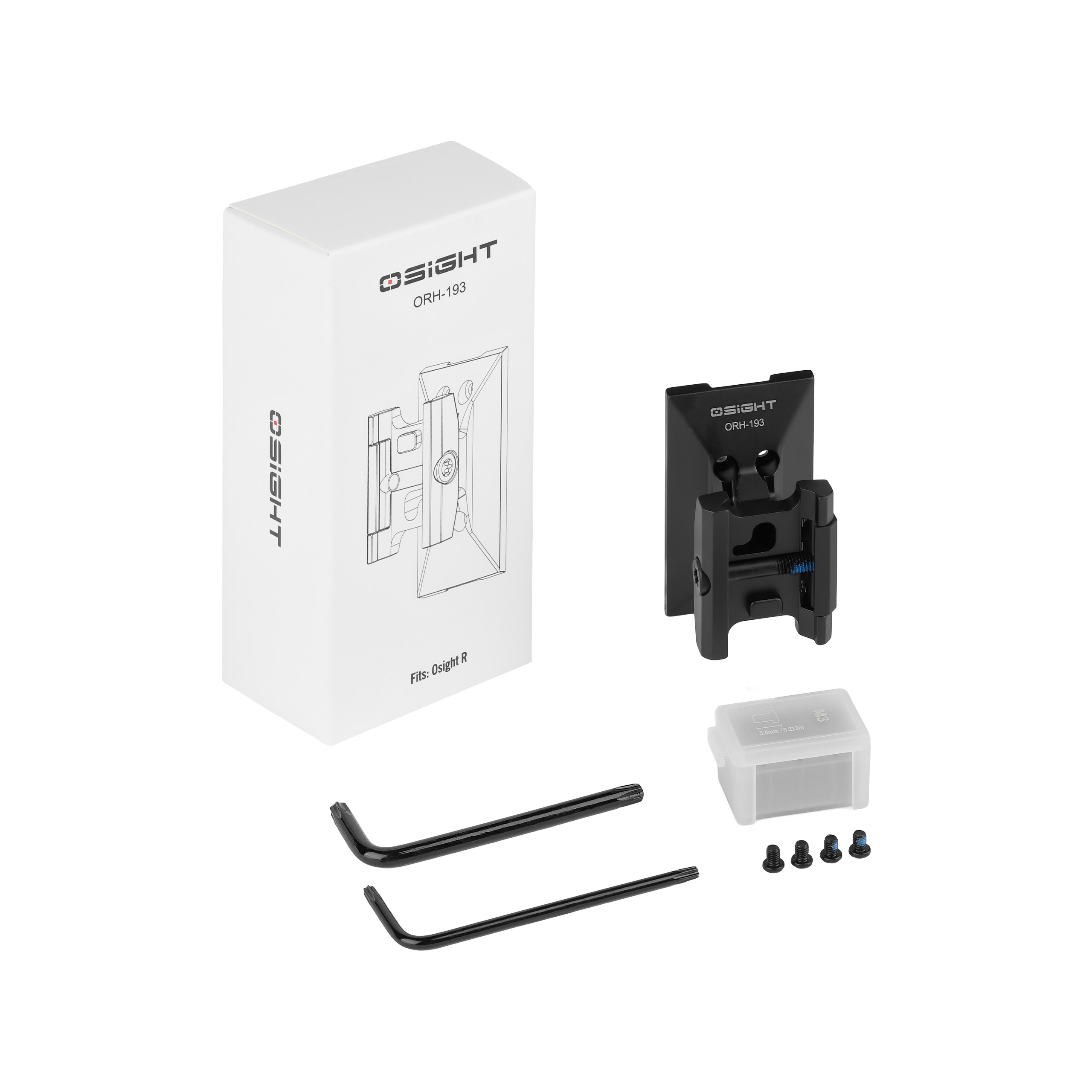 Olight Osight ORH-193 optic mount kit with white packaging box, black mounting plate, Allen wrenches, and mounting screws