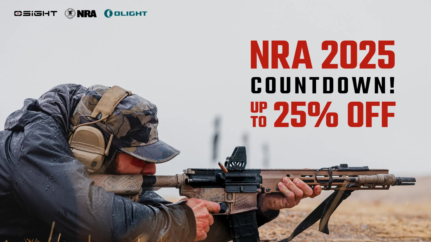 Man in camo gear aiming rifle, promoting NRA 2025 Countdown sale with up to 25% off. Logos of Olight and Sightmark displayed.