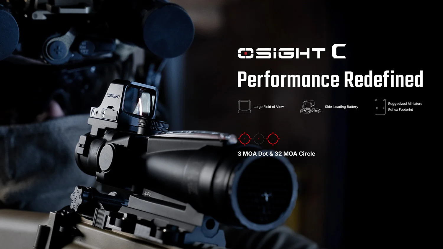 OSIGHT C optic: 3 MOA dot & 32 MOA circle reticle, large field of view, side-loading battery, mounted on rifle.