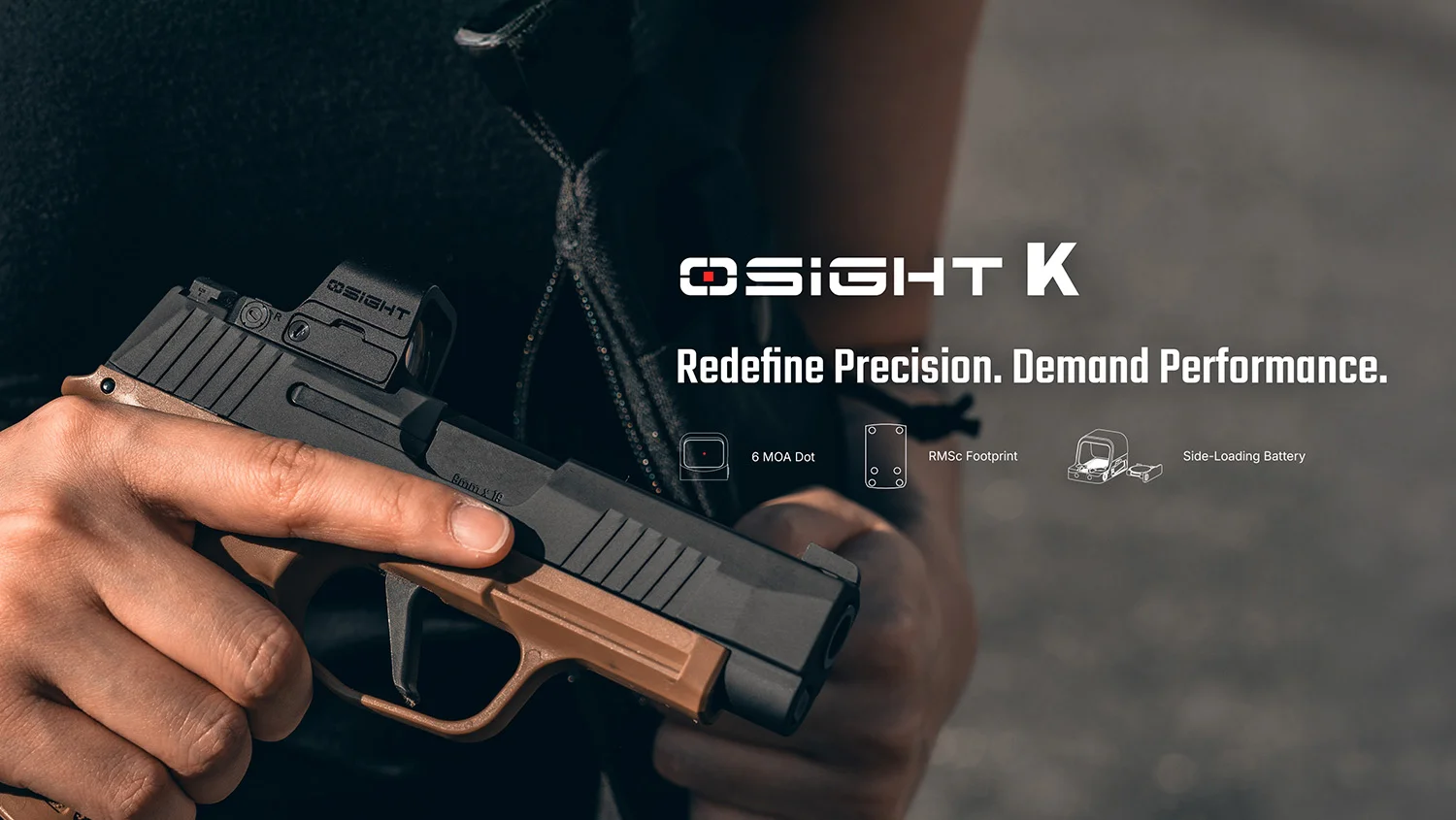OSIGHT K red dot sight for handguns with 6 MOA dot, RMSc footprint, side-loading battery, and motion sensor for precision.