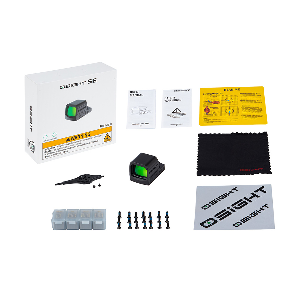 OSIGHT SE red dot sight, packaging, user manual, safety warnings, zeroing instructions, cleaning cloth, accessories