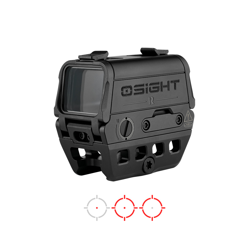 Olight Osight red dot sight with charging cover and multi-reticle options on white background