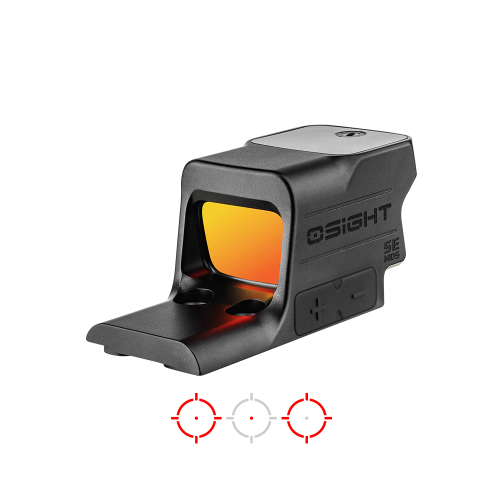 Olight Osight red dot sight with orange reflective lens and multiple reticle options below.of_thought_