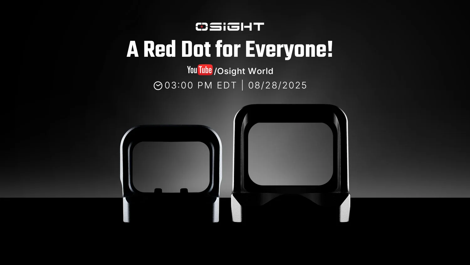 Olight event announcement poster with two red dot sights for "A Red Dot for Everyone!", YouTube, 08/28/2025.