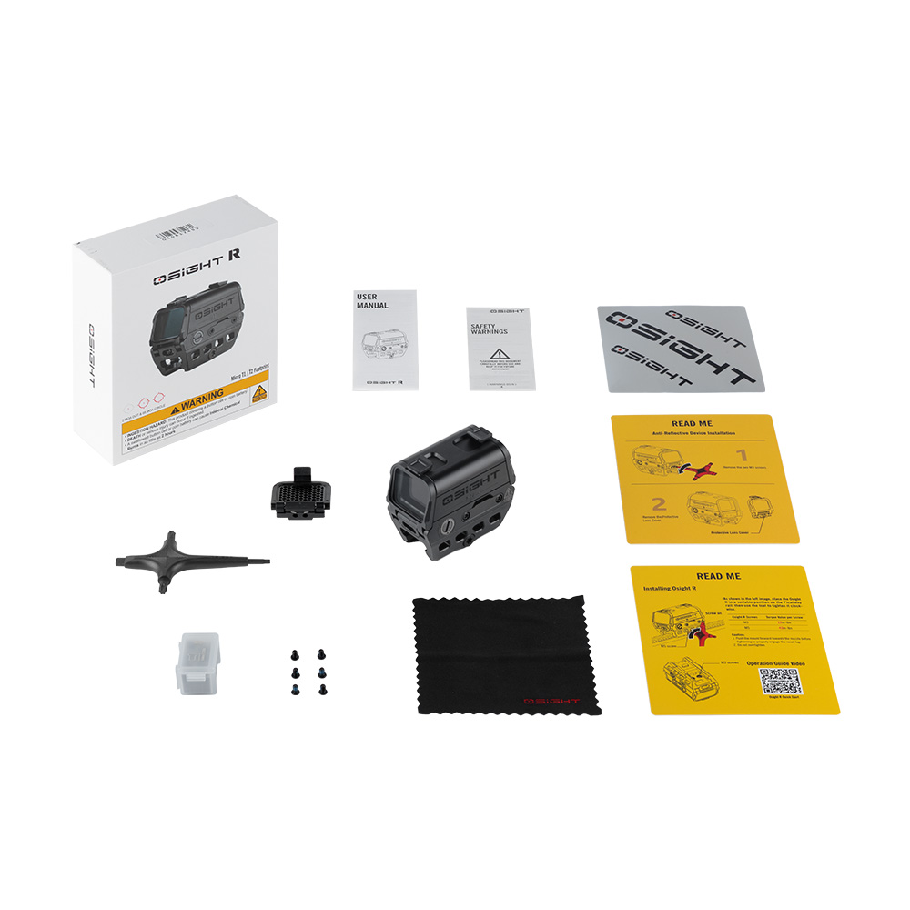 Olight Osight R red dot sight packaging and accessories including user manual, tool, screws, and cleaning cloth
